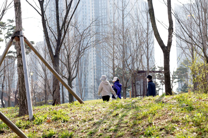 Três pessoas caminhando juntas por uma alameda de parque urbano